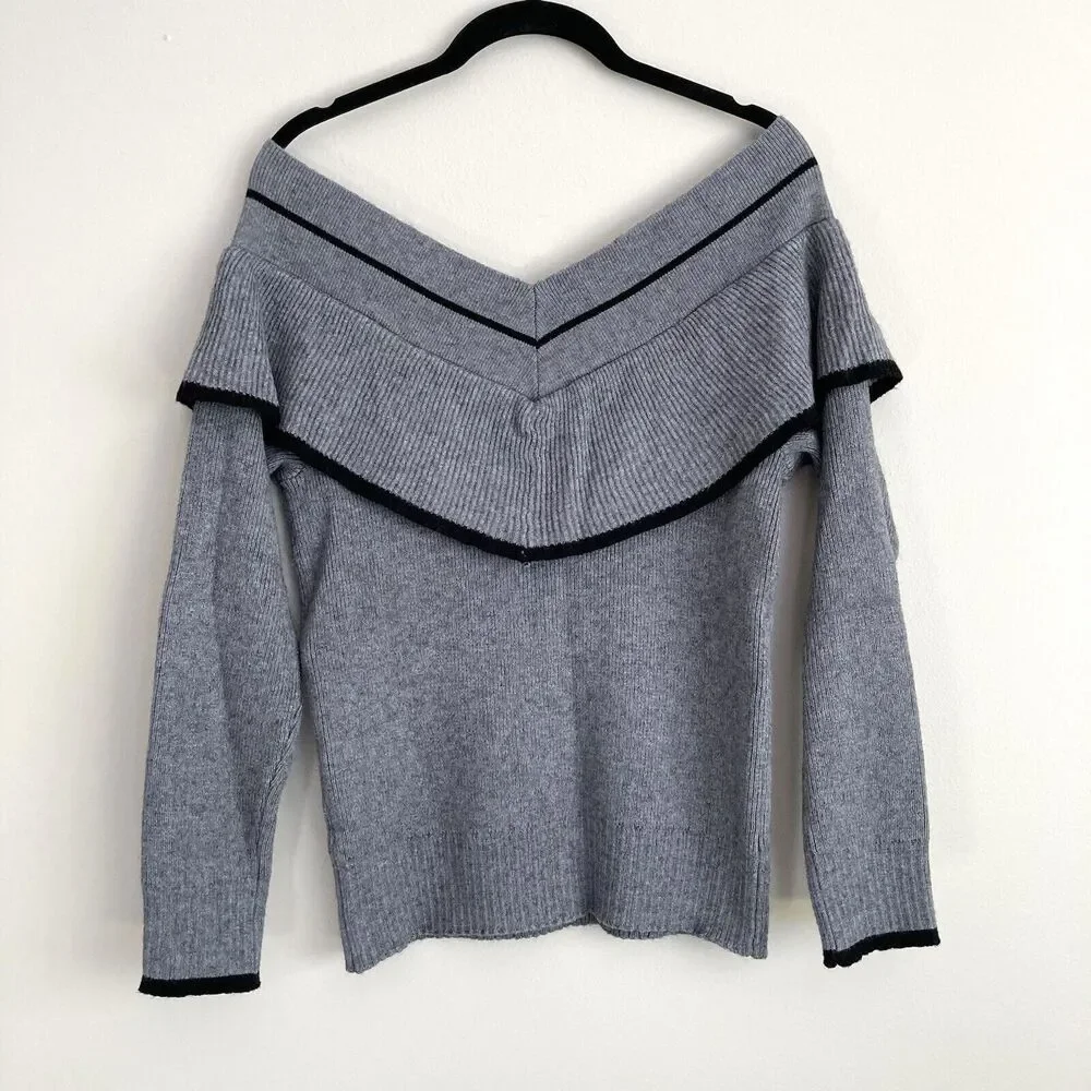 THML Anthropologie Ruffle Detail Off Shoulder Sweater Gray Size Medium Cute - Picture 7 of 8